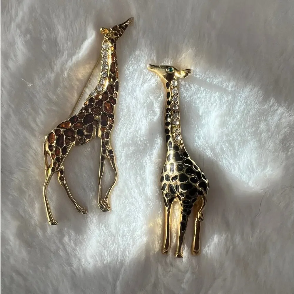 A Set of Two Estate Found Gold Tone Vintage Sparkly Rhinestone Giraffe Brooches